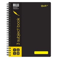 A4 Quill 3 Subject Book 70gsm PP 300 Pages Black Q599