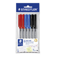 Staedtler Ballpoint Stick Pen 430 Medium BAG of 6 -  2 each of red, blue, black